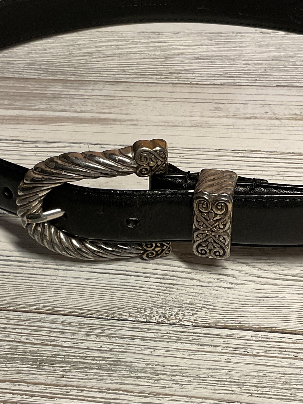 Fossil Black Leather Belt with Ornate Silver-Tone Buckle